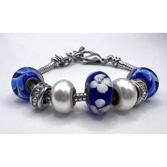 Blue Charm Bead Bracelet Silver Tone Adjustable 7–8.5" Rhinestone Accents - Picture 2 of 4